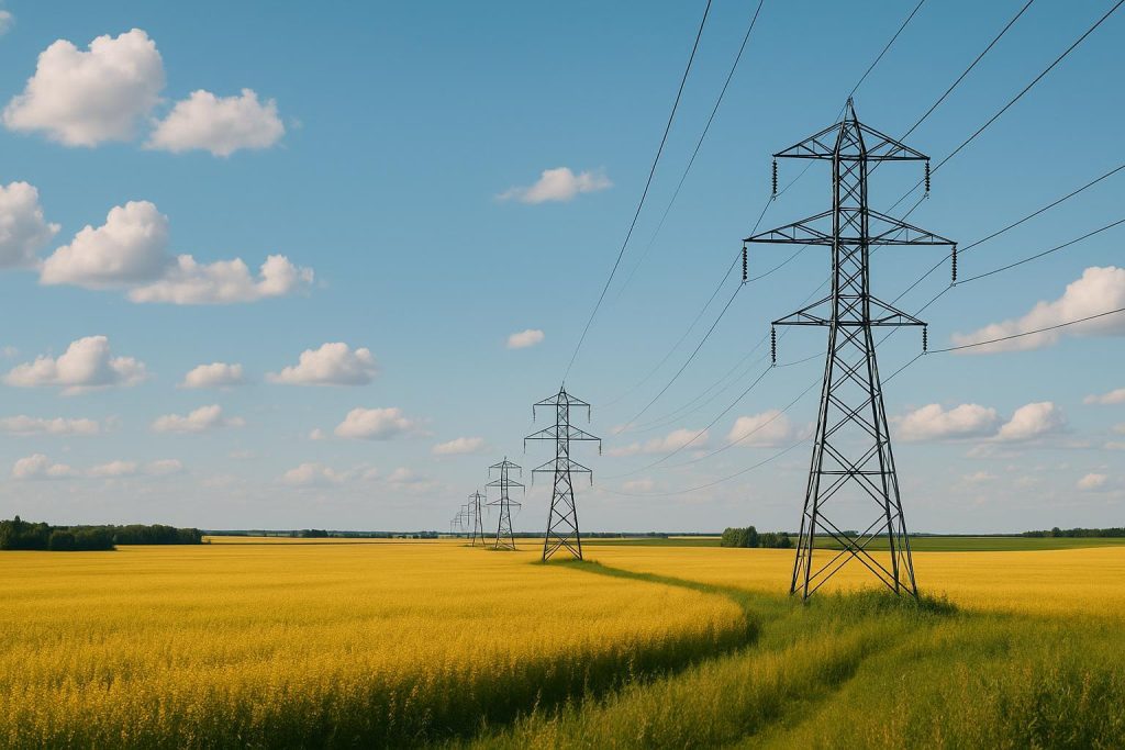 Alberta farmland power lines illustrating local utilities distribution.