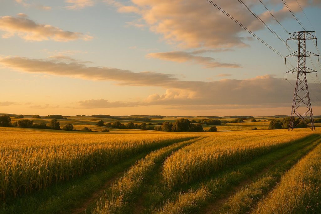 Alberta farmland with distant power lines representing local utilities.