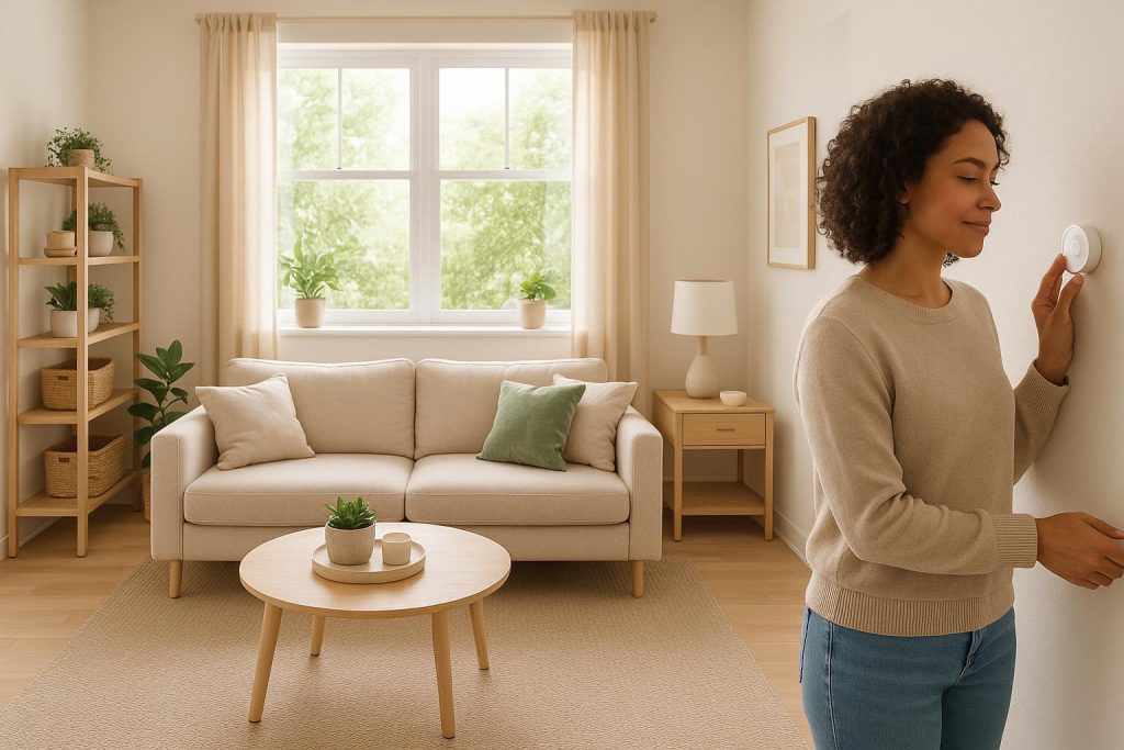 Homeowner adjusts thermostat in a bright room to boost energy efficiency.