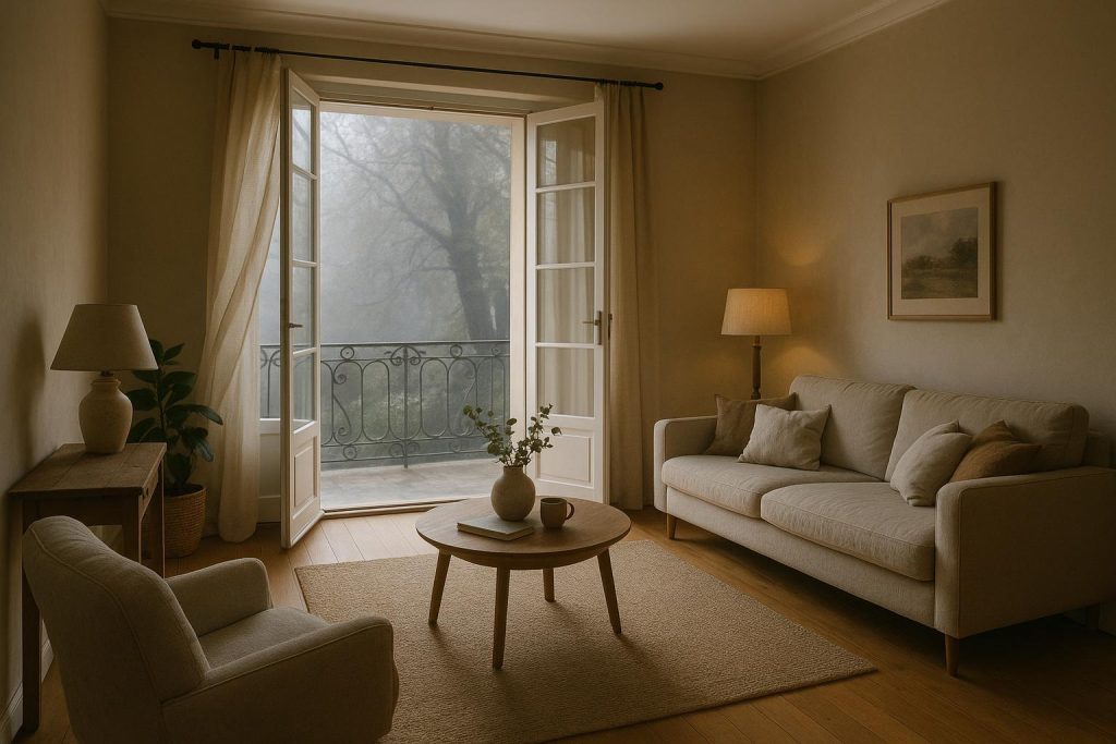 Living room with open windows losing heat, illustrating energy efficiency issues.