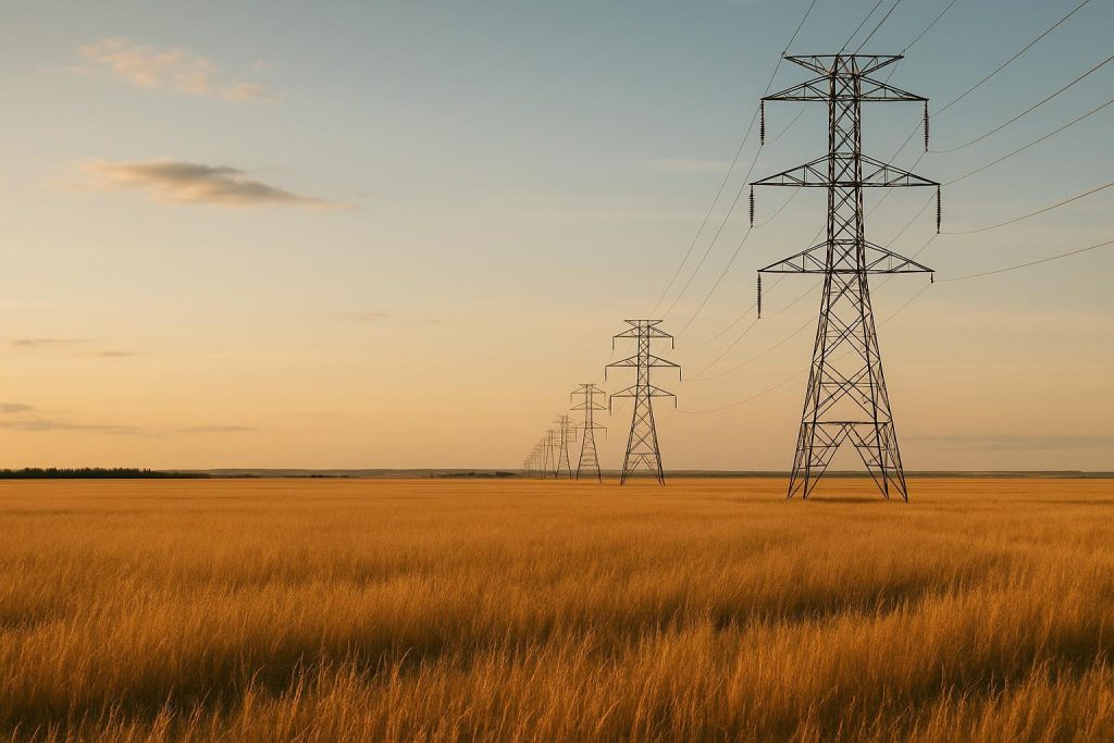 A rural Alberta field with tall power lines in daytime, showing safe distance.