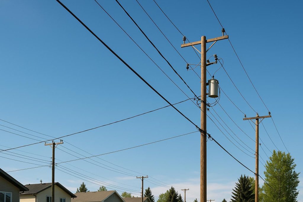 Overhead power lines with a clear suburban sky in Alberta.
