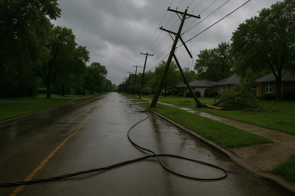 Downed power lines on a suburban street after a storm.