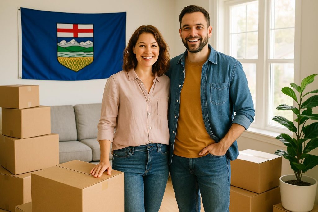 A couple in a bright new living room in Alberta, preparing to set up utilities.