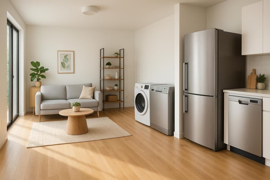 Modern living area with large appliances that can increase energy costs, highlighting set up utilities concerns