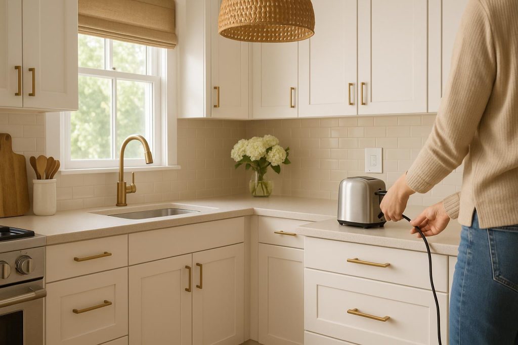 Person unplugging a small kitchen appliance to illustrate energy efficiency