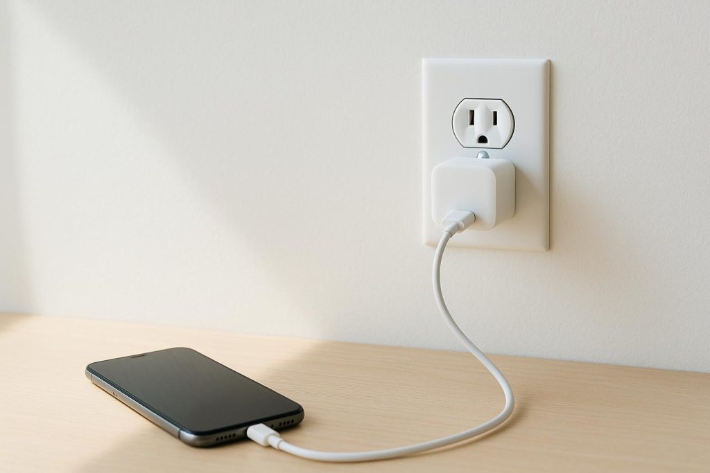 Phone charger plugged into a wall outlet, reflecting set up utilities and energy use.