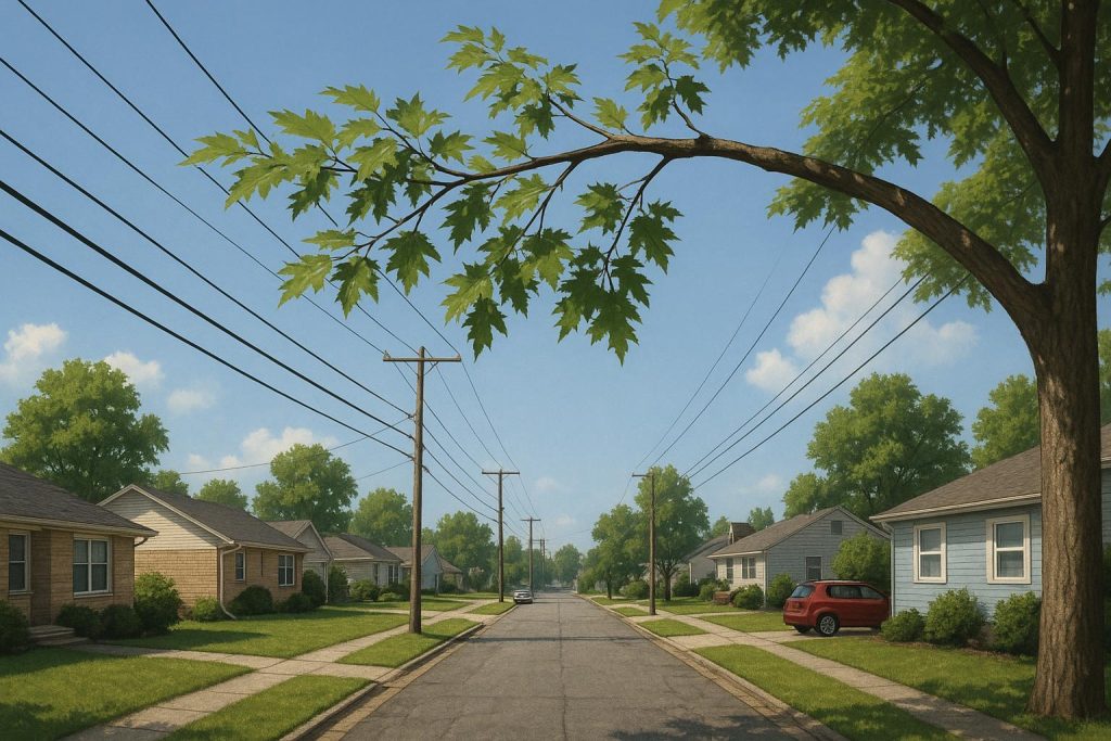 Overhead power lines with a tree branch nearby in a suburban neighborhood.