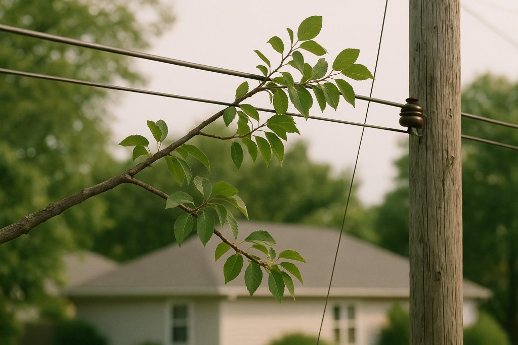A tree branch near a live power line illustrating hazards around power lines.