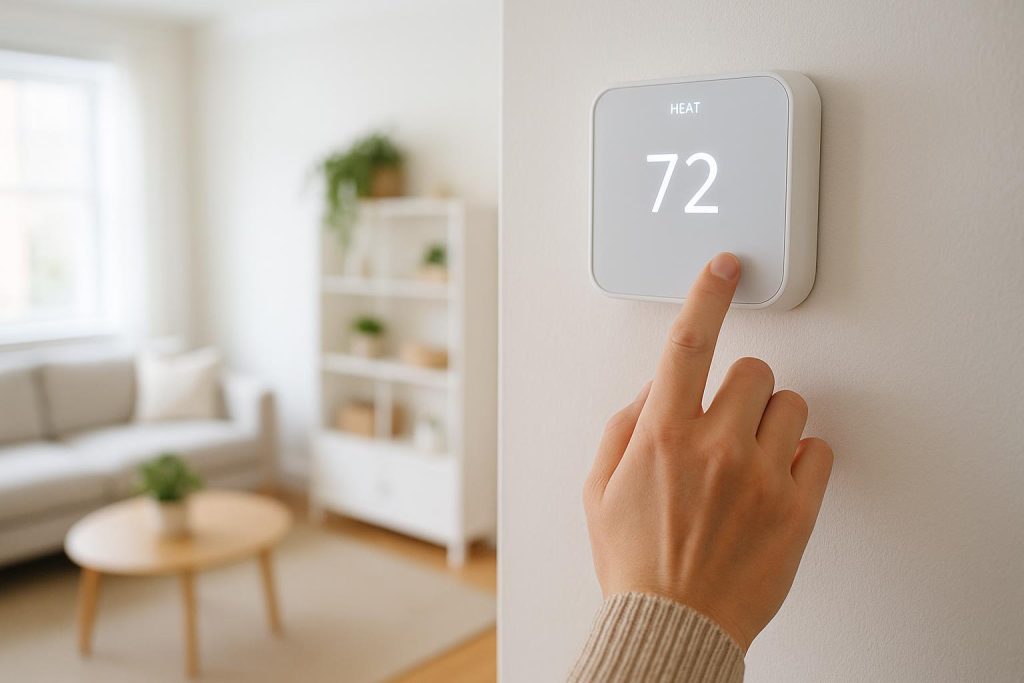 Person adjusts thermostat for efficient utilities use at home.