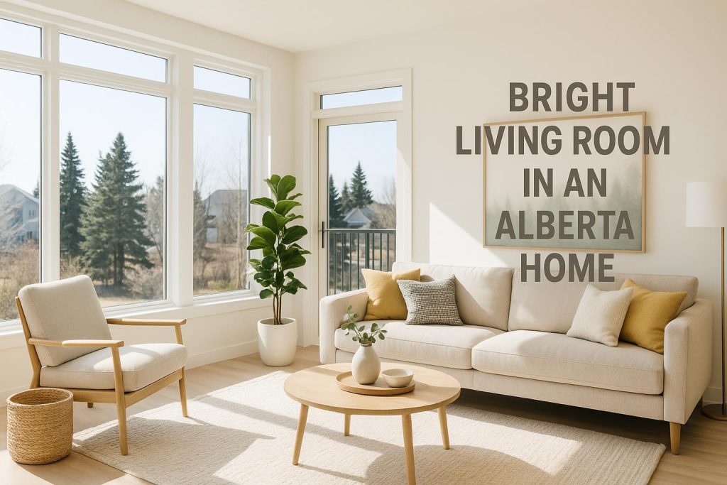 A modern Alberta living room illustrating efficient utilities usage with natural lighting.